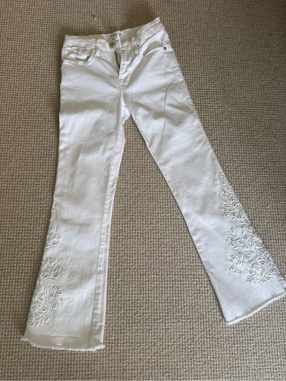 Frame Denim White Embroidered Flare Jeans